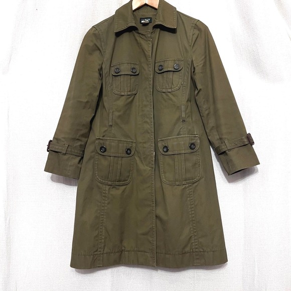 J.Crew Jackets & Blazers - J Crew VTG Olive Green Utility Trench Coat Women's Sz 4 Button Front Belted Cuff